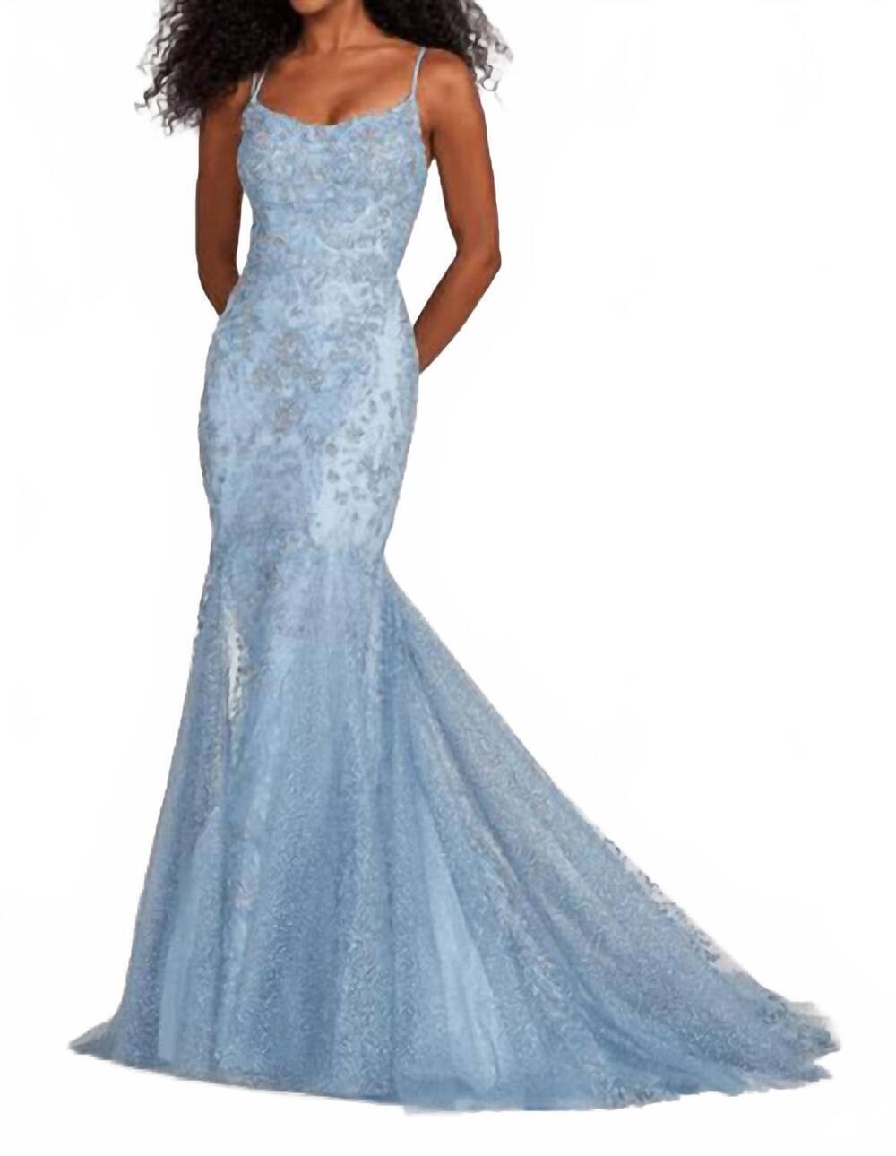 NEW ELLIE WILDE scoop neck sequin prom gown in misty blue